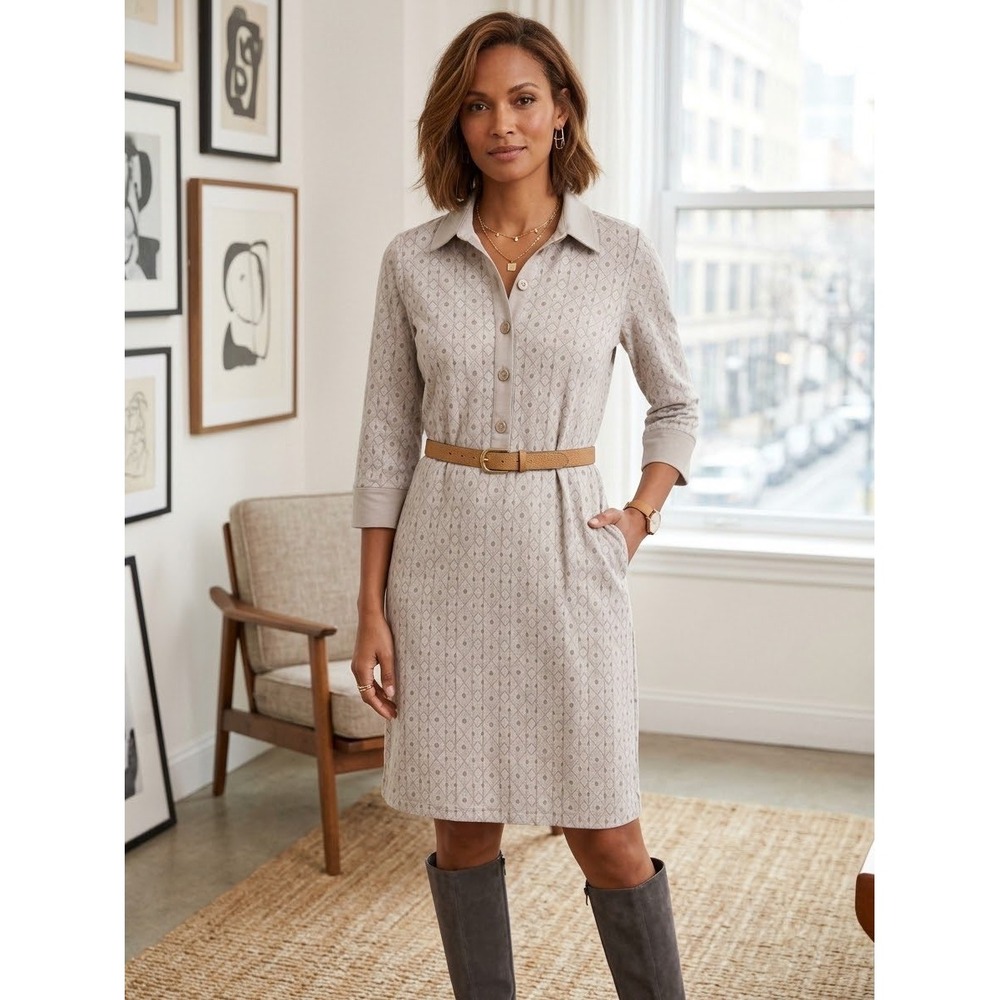J.McLaughlin Geometric Diamond Print Catalina Cloth Shirt Dress Beige S
